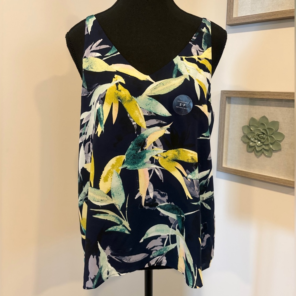 Reitmans Reversible Tropical Leaf Print/Navy Blouse NEW!